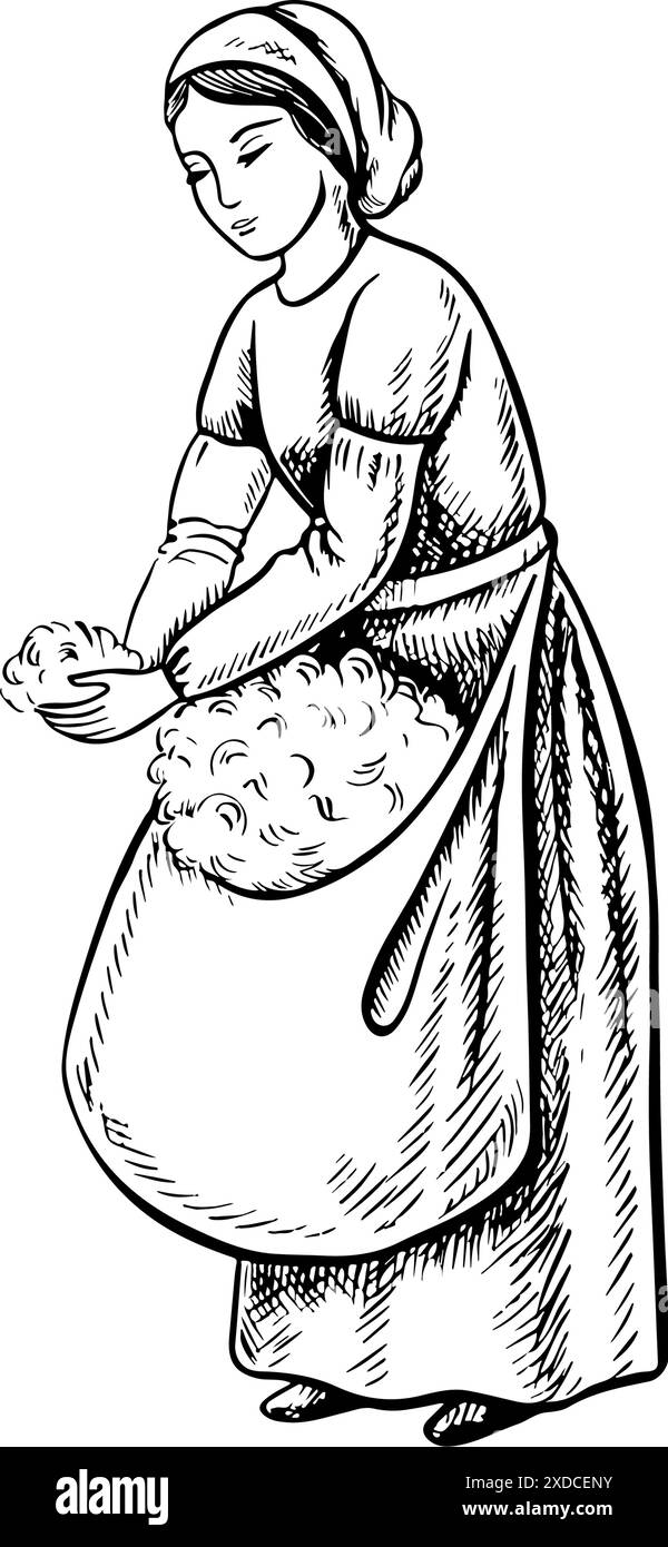 Un cueilleur de coton à la main. Noir et blanc, détaillé, graphique, illustration vectorielle. Une belle femme cueillant le coton de ses propres mains. Isoler, main-d Illustration de Vecteur Un cueilleur de coton à la main. Noir et blanc, détaillé, graphique, illustration vectorielle. Une belle femme cueillant le coton de ses propres mains. Isoler, main-d Illustration de Vecteur