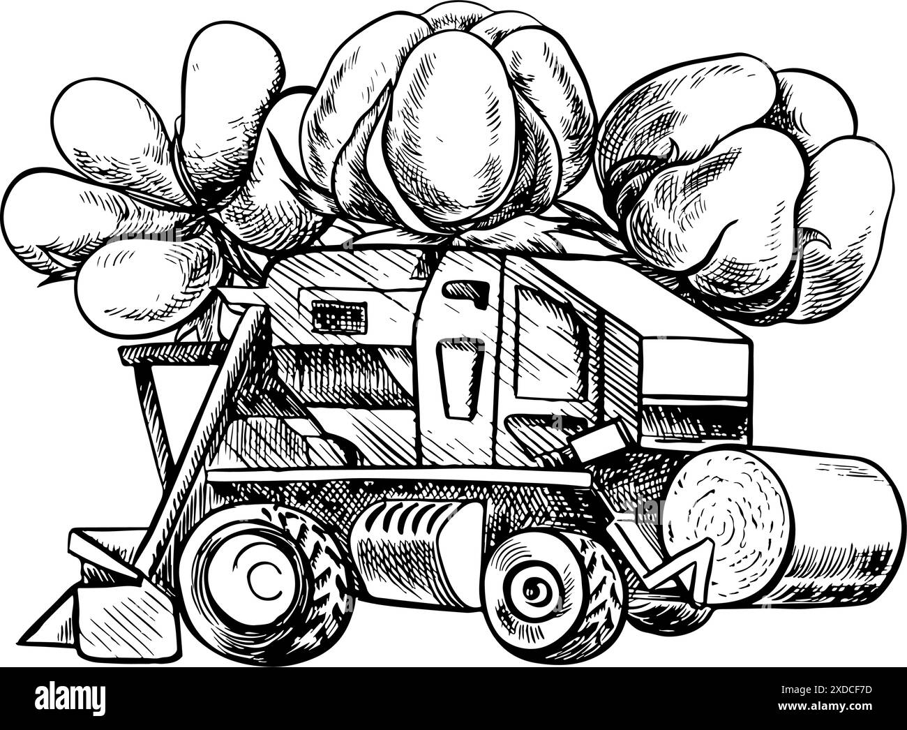 Récolteuse de coton. Une illustration graphique vectorielle en noir et blanc réalisée à la main. Une composition stylisée d'une récolteuse de coton moderne et une boîte avec un lit bébé Illustration de Vecteur