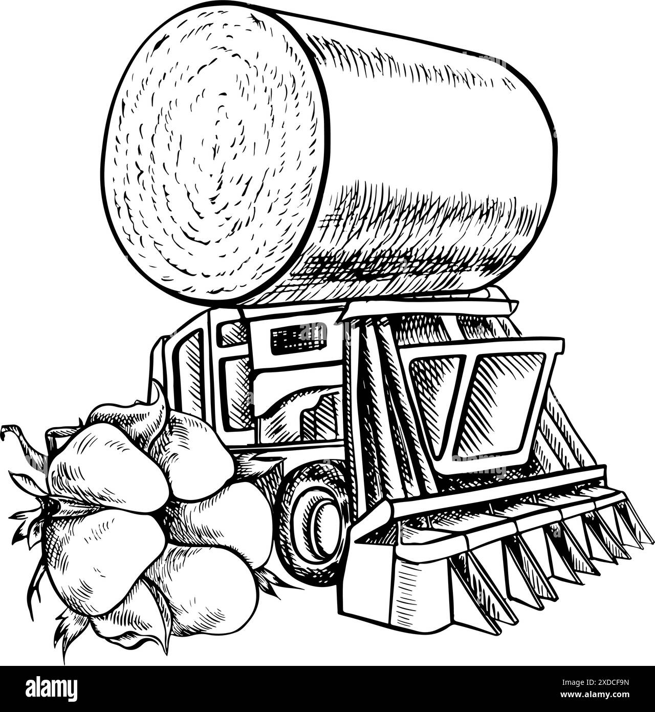 Récolteuse de coton. Une illustration graphique vectorielle en noir et blanc réalisée à la main. Une composition stylisée d'une récolteuse de coton moderne et d'une récolte de coton Illustration de Vecteur