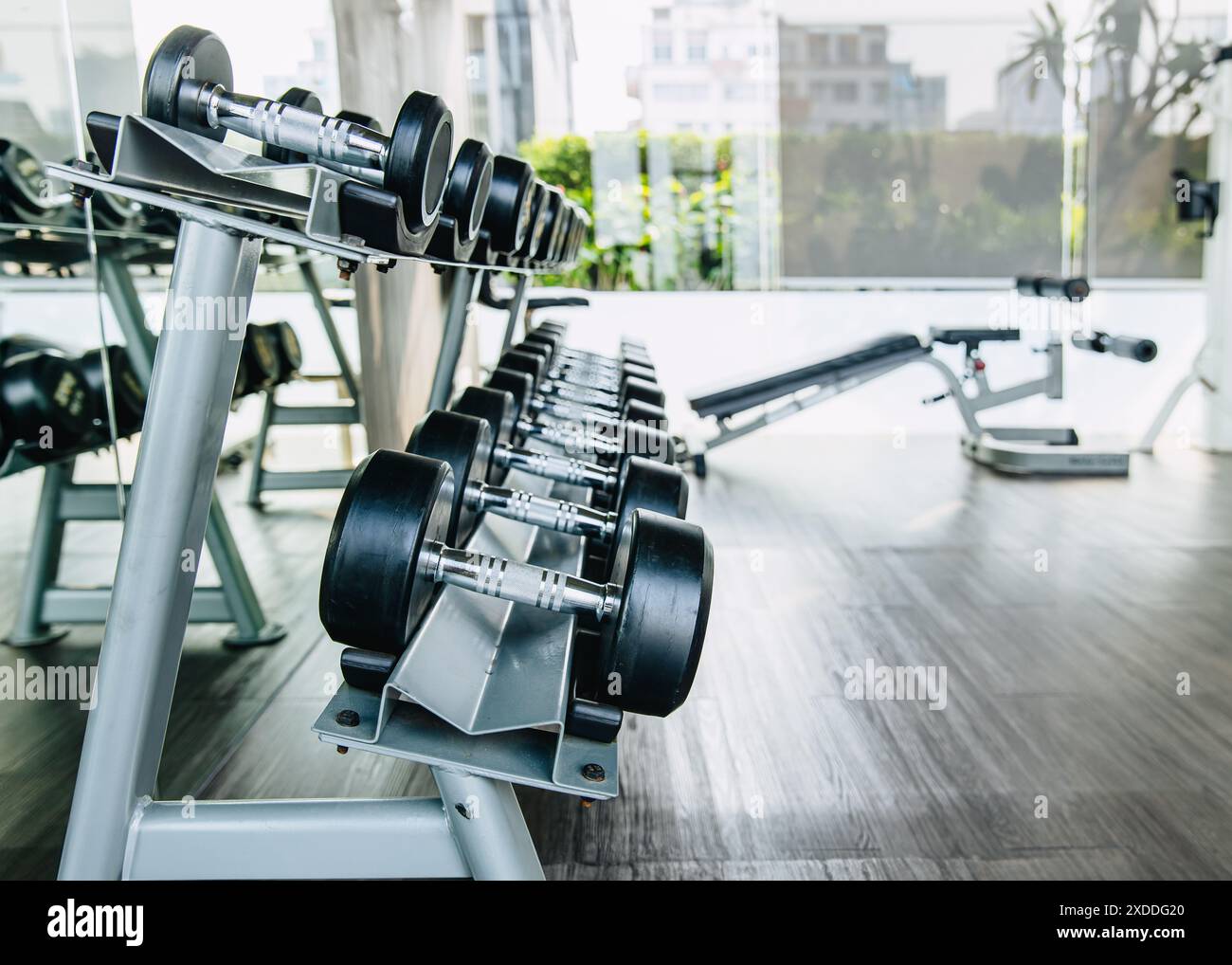 Rangée d'haltères dans le support de support de gymnastique, concept d'équipement de sport, préparation pour les produits publicitaires de fitness Bodybuilding Workout. Banque D'Images