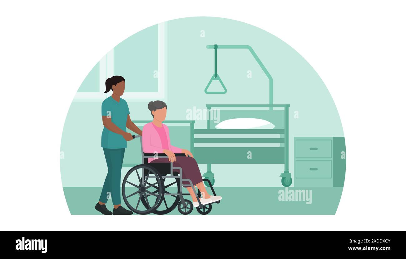 Aidante professionnelle et femme âgée en fauteuil roulant : concept d'assistance à la vie et de soins aux personnes âgées Illustration de Vecteur