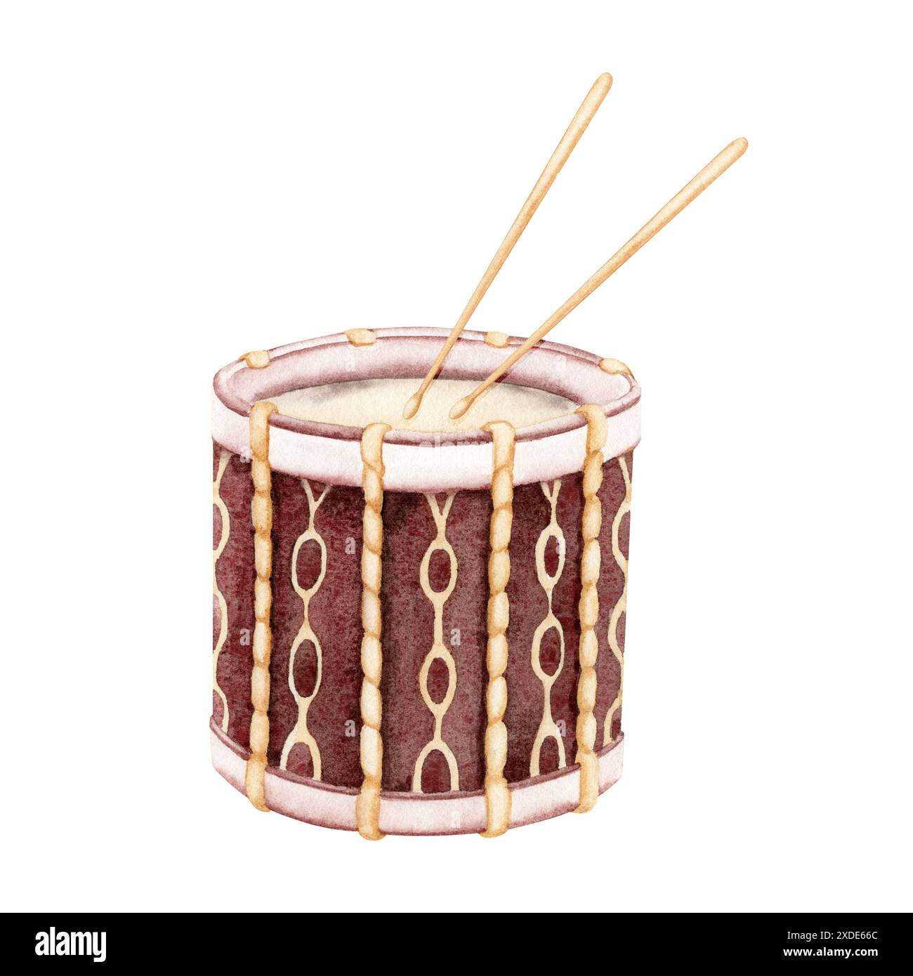 Tambour militaire vintage. Elément de musique classique. Illustration aquarelle isolée sur fond blanc. Instrument de musique à percussion pour programmes de concert Banque D'Images