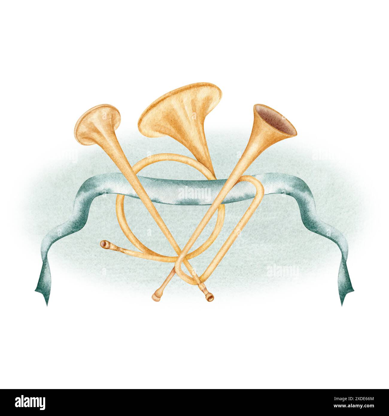 Composition de style antique avec trompettes fanfare et cornes décorées avec un ruban bleu sur éclaboussure de lavage abstrait bleu. Illustration d'aquarelle dessinée à la main Banque D'Images