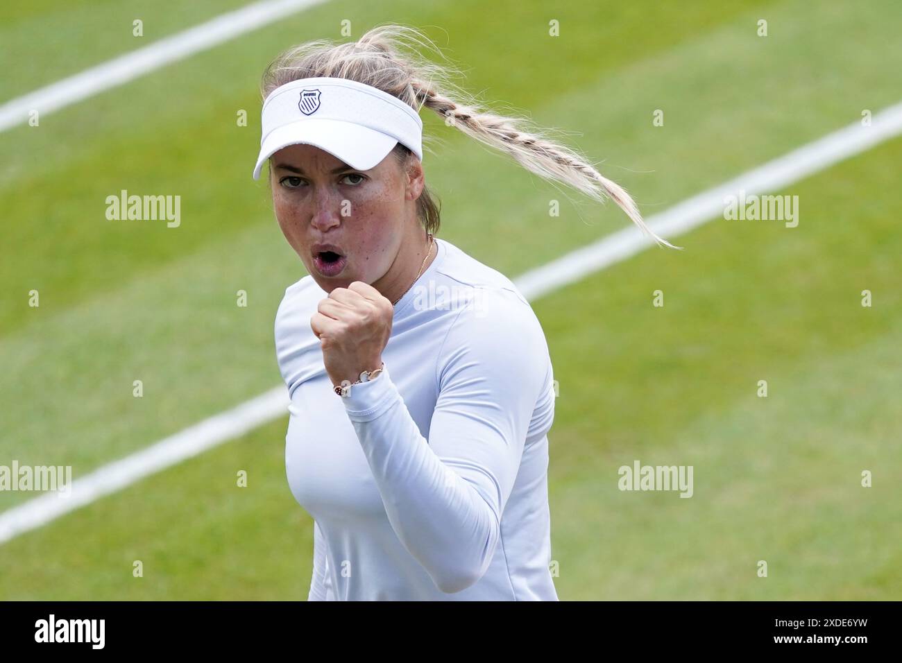 Yulia Putintseva réagit après avoir gagné un point contre Elisabetta Cocciaretto dans leur match féminin en demi-finale en simple, le huitième jour du Rothesay Classic à Edgbaston Priory Club, Birmingham. Date de la photo : samedi 22 juin 2024. Banque D'Images