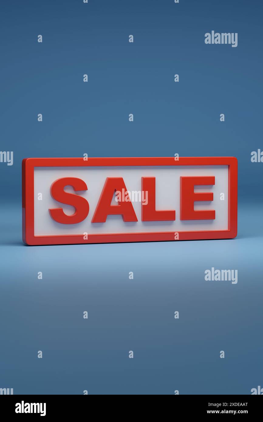Signe de vente tridimensionnel sur fond bleu. illustration 3d. Banque D'Images