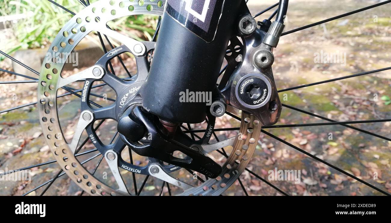 Frein à disque hydraulique Shimano XTR pour un contrôle de freinage haute performance dans un vélo de montagne professionnel Banque D'Images
