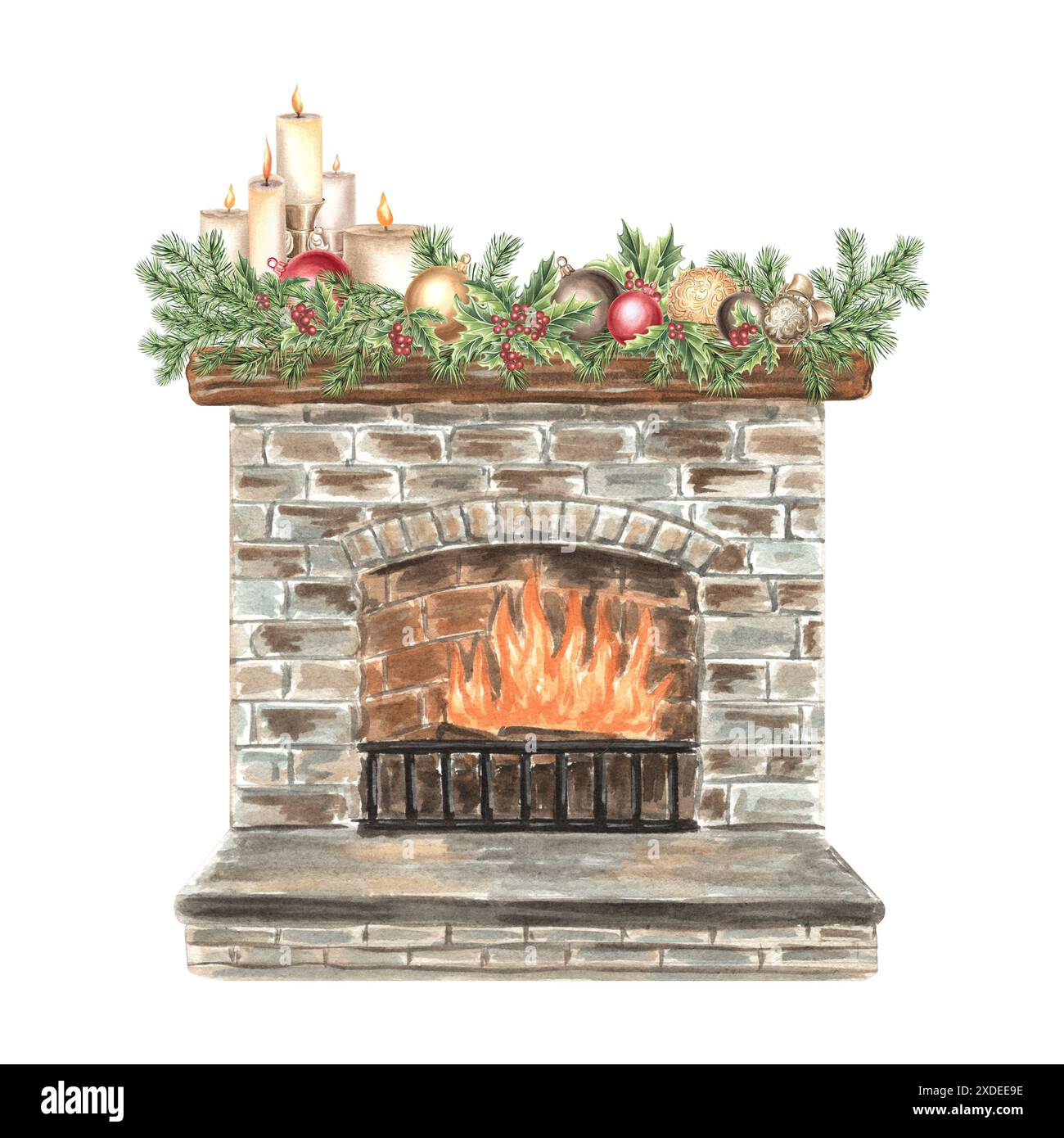 Cheminée Noël décorée vintage. Bougies avec boules et houx sur branche de pin. Illustration d'aquarelle dessinée à la main. Maison confortable, détail intérieur Banque D'Images