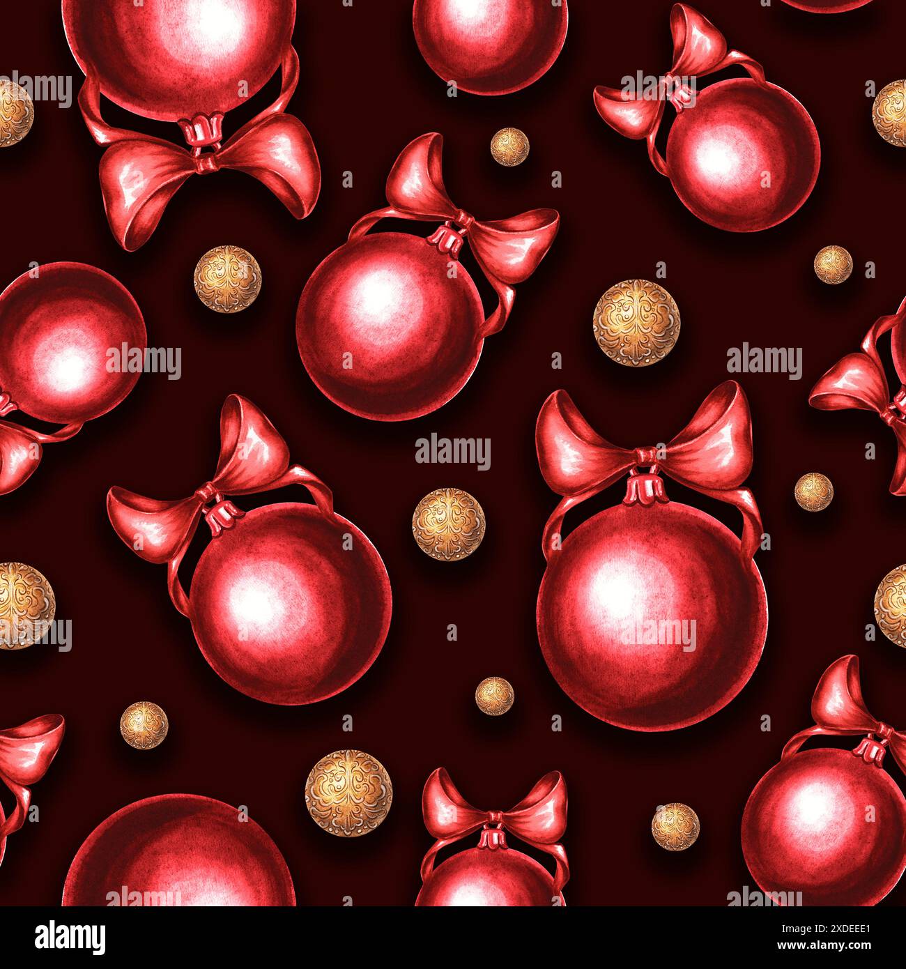 Boules d'arbre de Noël Witn Bows colorés. Motif sans couture festif. Illustration d'aquarelle dessinée à la main. Décoration d'hiver traditionnelle pour les vacances Banque D'Images