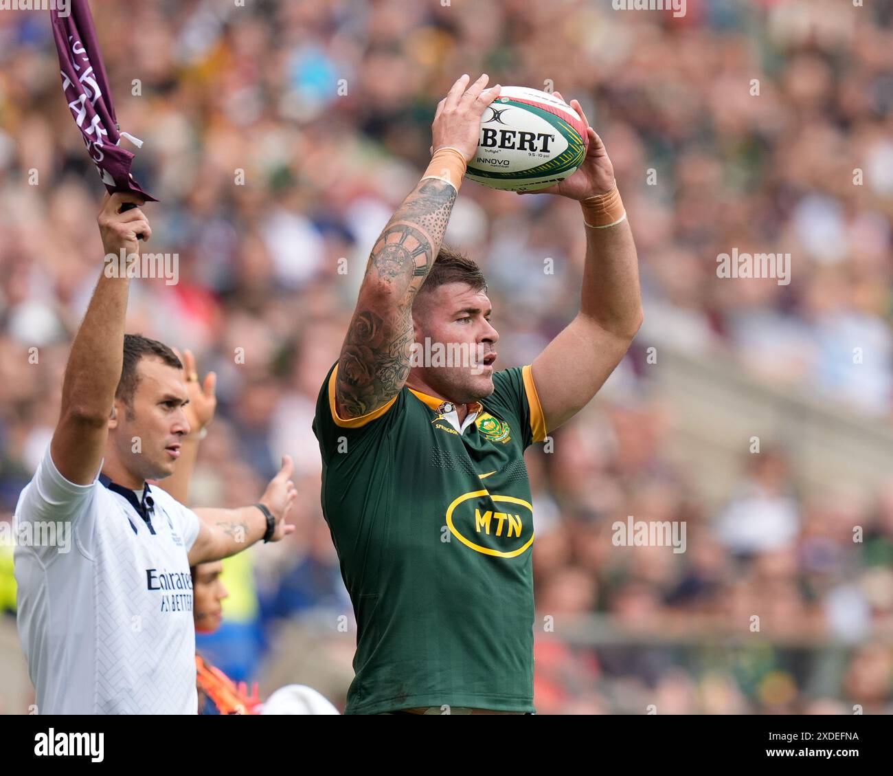 Twickenham Stadium, Londres, Royaume-Uni. 22 juin 2024. Qatar Airways Cup Rugby, Afrique du Sud contre le pays de Galles ; Malcom Marx d'Afrique du Sud se lance dans une file d'attente crédit : action plus Sports/Alamy Live News Banque D'Images