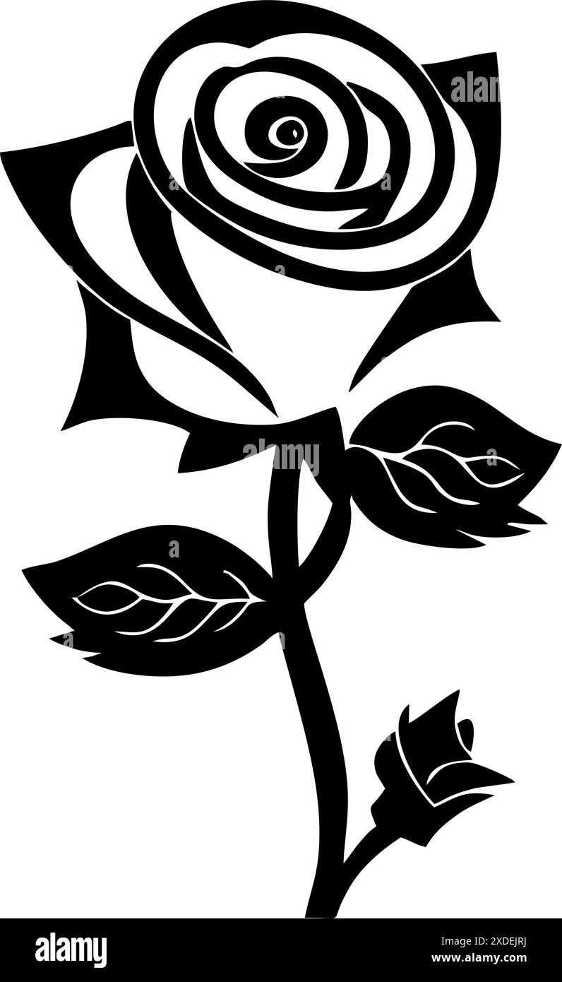 dessin graphique noir d'une fleur de rose avec des feuilles, monochrome, élément décoratif Banque D'Images