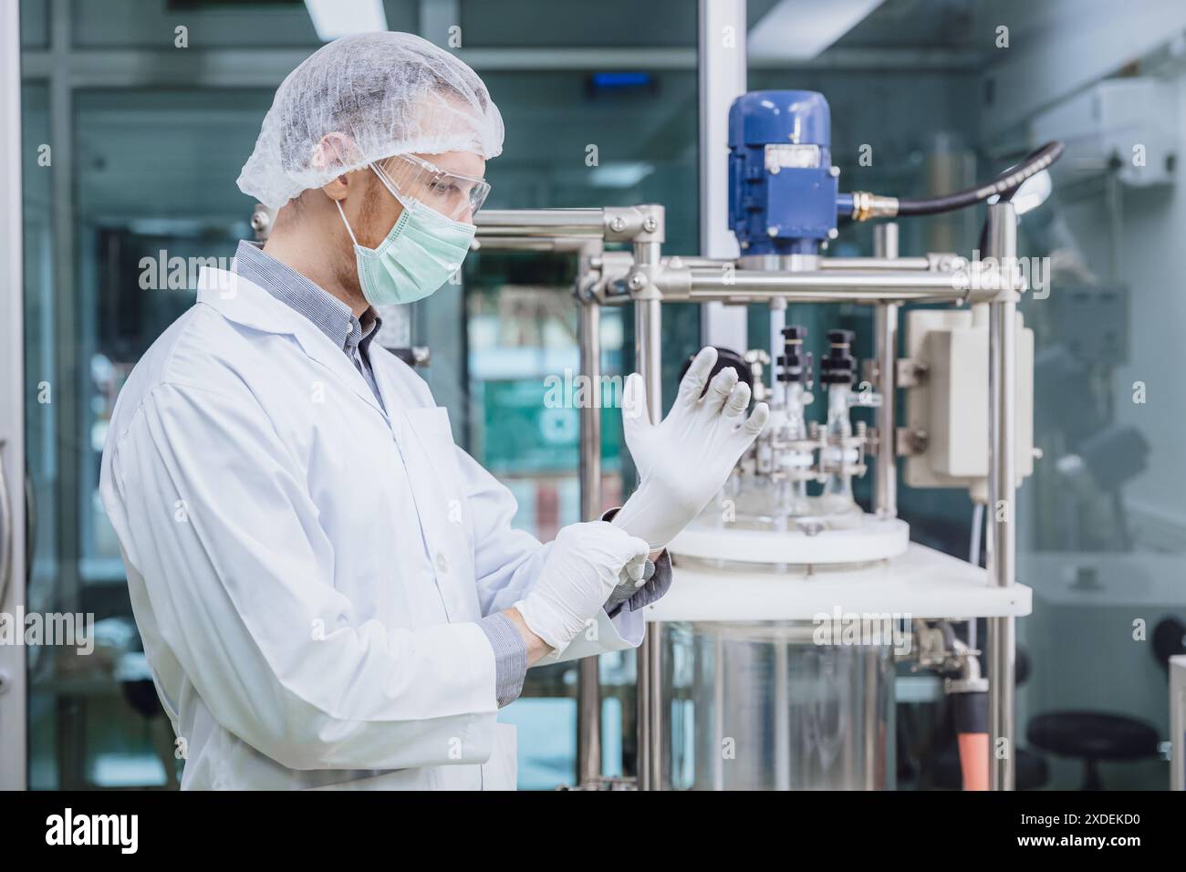 Le personnel scientifique portant des gants médicaux en latex dans le laboratoire scientifique. Personnel d'usine médicale dans la salle blanche. Processus des usines pharmaceutiques. Banque D'Images