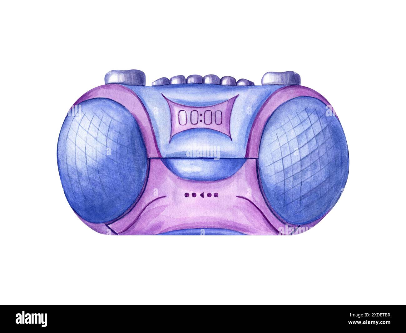 Enregistreur analogique à cassette à bouton-poussoir. Joueur de boombox mignon. Dispositif bleu violet. Magnétophone pour écouter de la musique. Style rétro des années 1990 et 2000 Banque D'Images