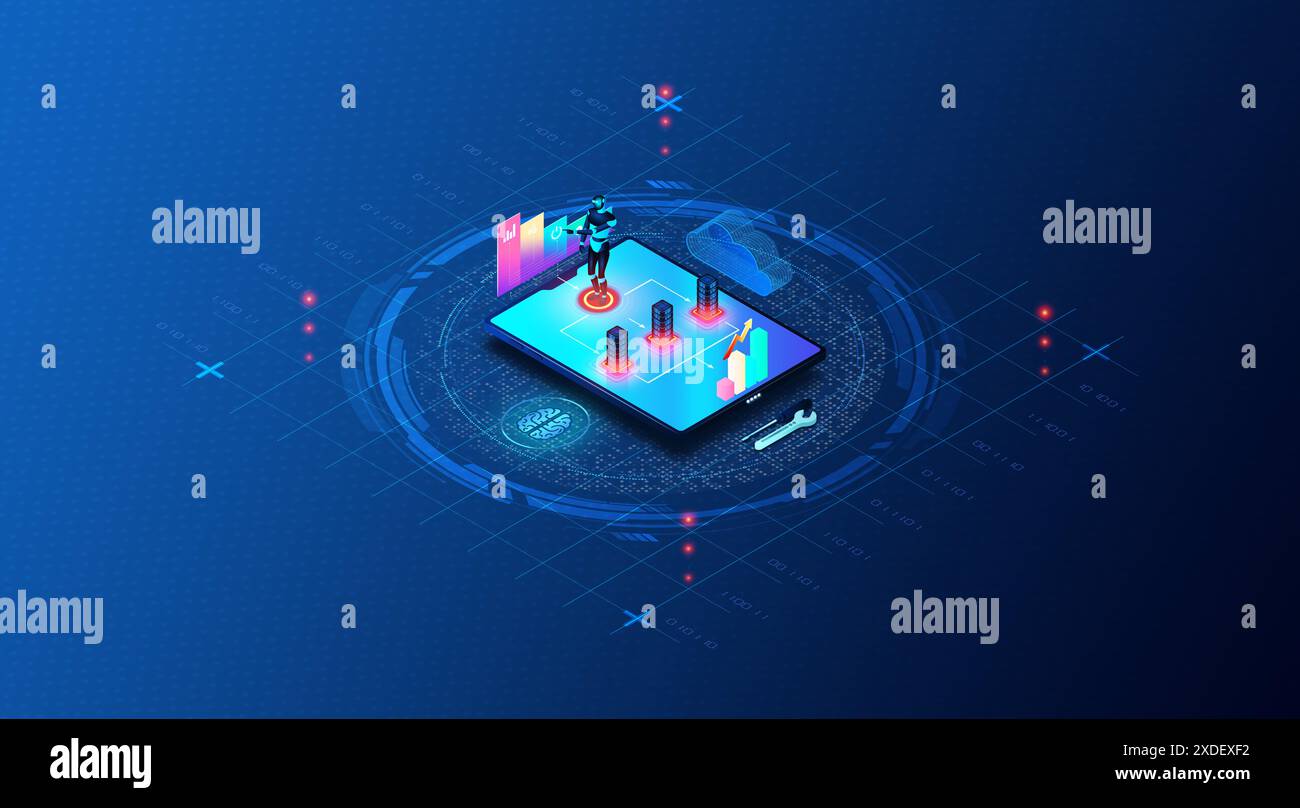 Automatisation intelligente - IA - concept d'hyperautomatisation - utilisation de RPA et IA pour automatiser les processus et augmenter efficacement les tâches humaines - illustration 3D. Banque D'Images