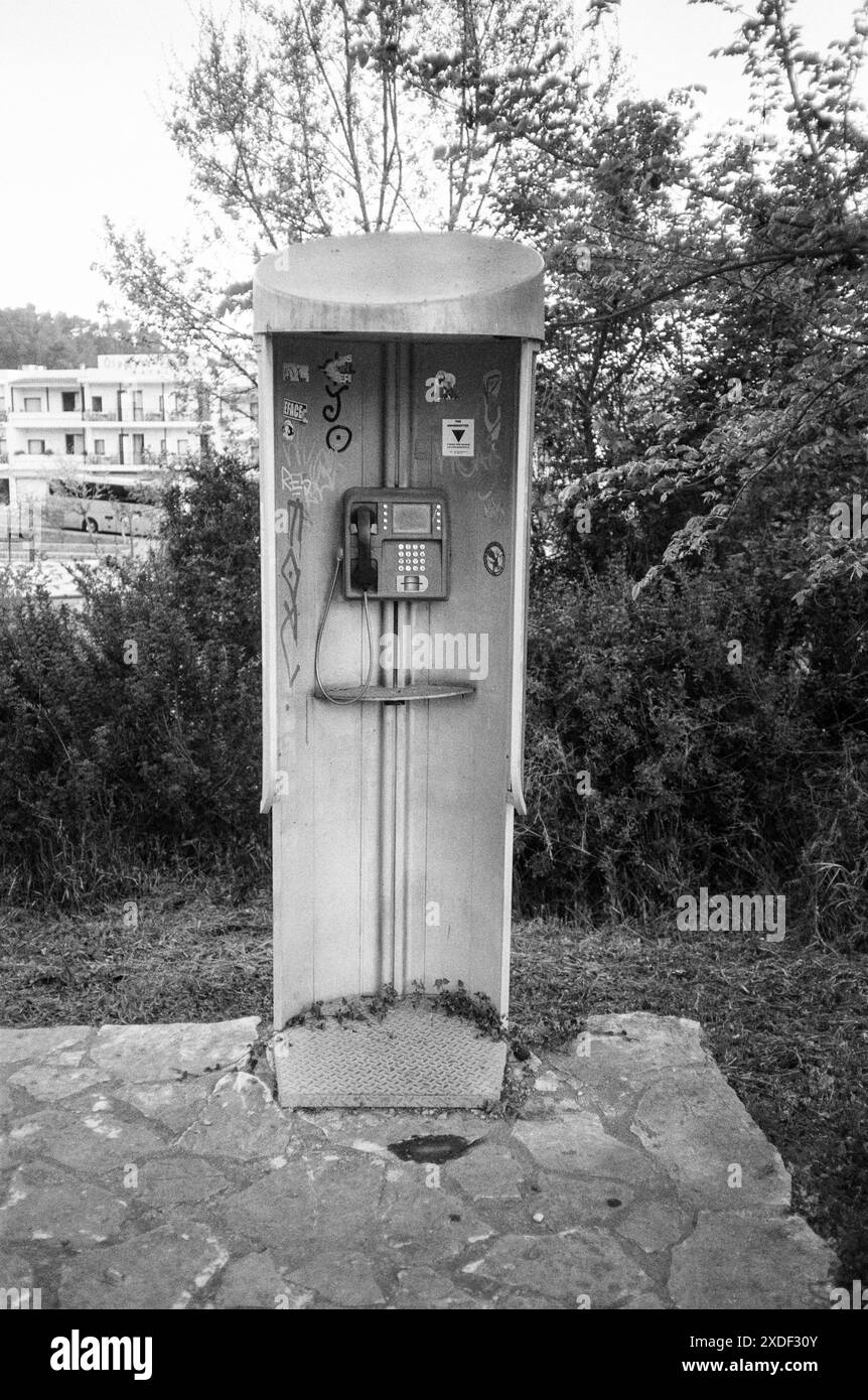 Cabine téléphonique, Olympia, Grèce Banque D'Images