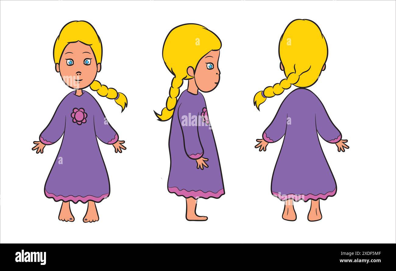 Fille de personnage de dessin animé différente pose avant arrière Illustration de Vecteur