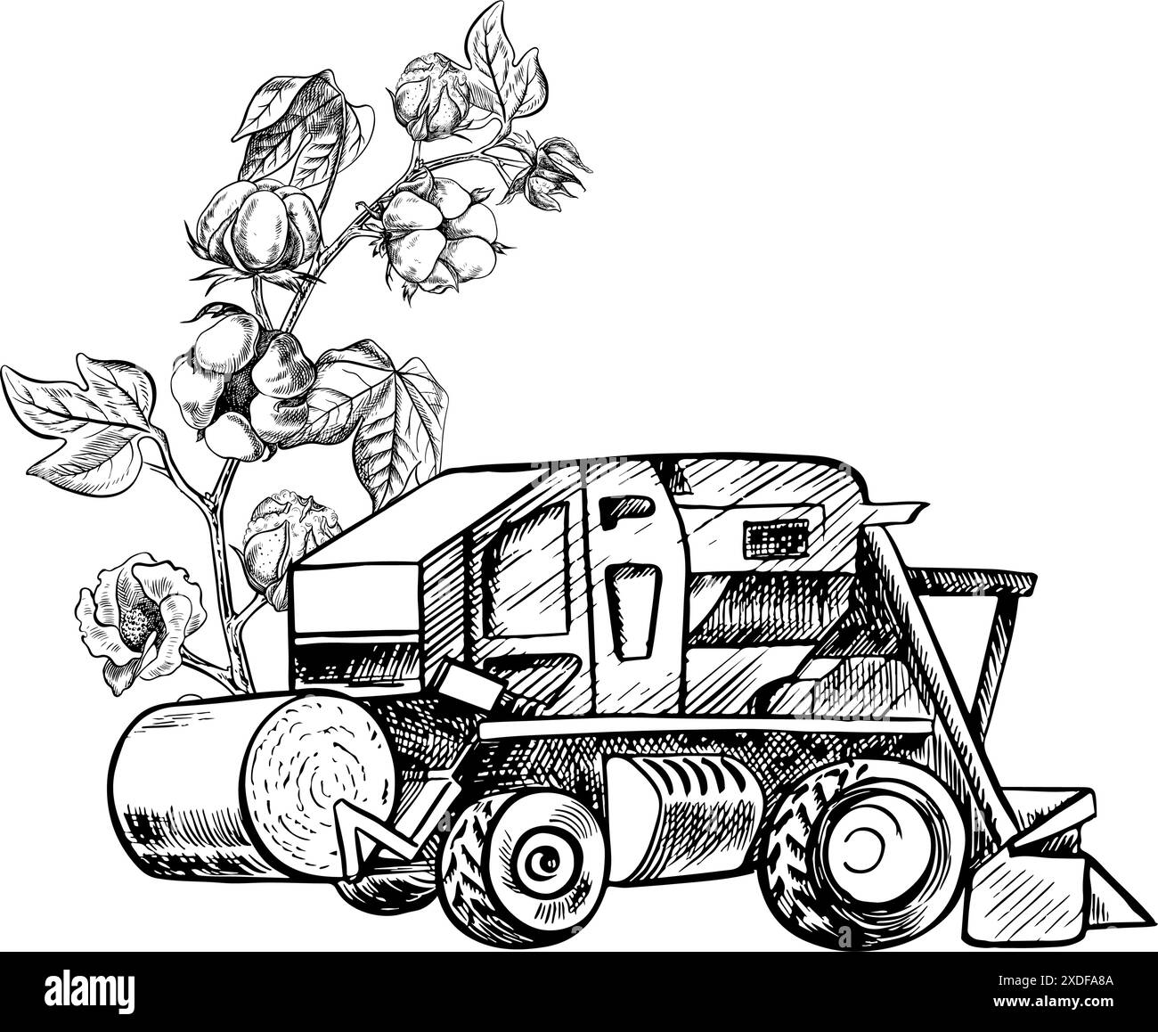 Récolteuse de coton. Une illustration graphique vectorielle en noir et blanc réalisée à la main. Composition stylisée d'une récolteuse de coton moderne utilisée en agriculture Illustration de Vecteur