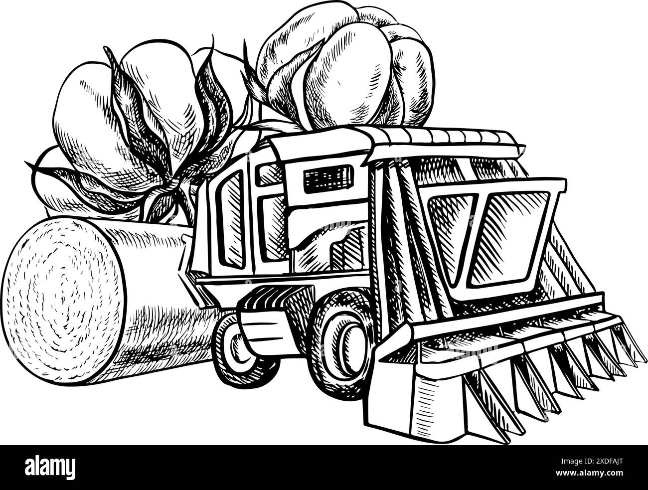 Récolteuse de coton. Une illustration graphique vectorielle en noir et blanc réalisée à la main. Une composition stylisée d'une récolteuse de coton moderne et d'une récolte de coton Illustration de Vecteur