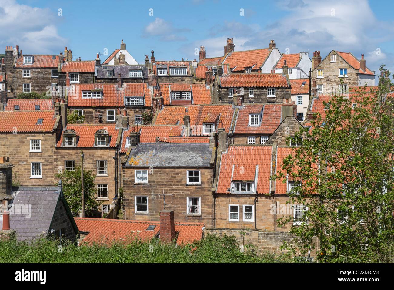 Vue sur les cottages aux toits orange dans le joli village de Robin Hood's Bay, North Yorkshire, Angleterre, Royaume-Uni Banque D'Images