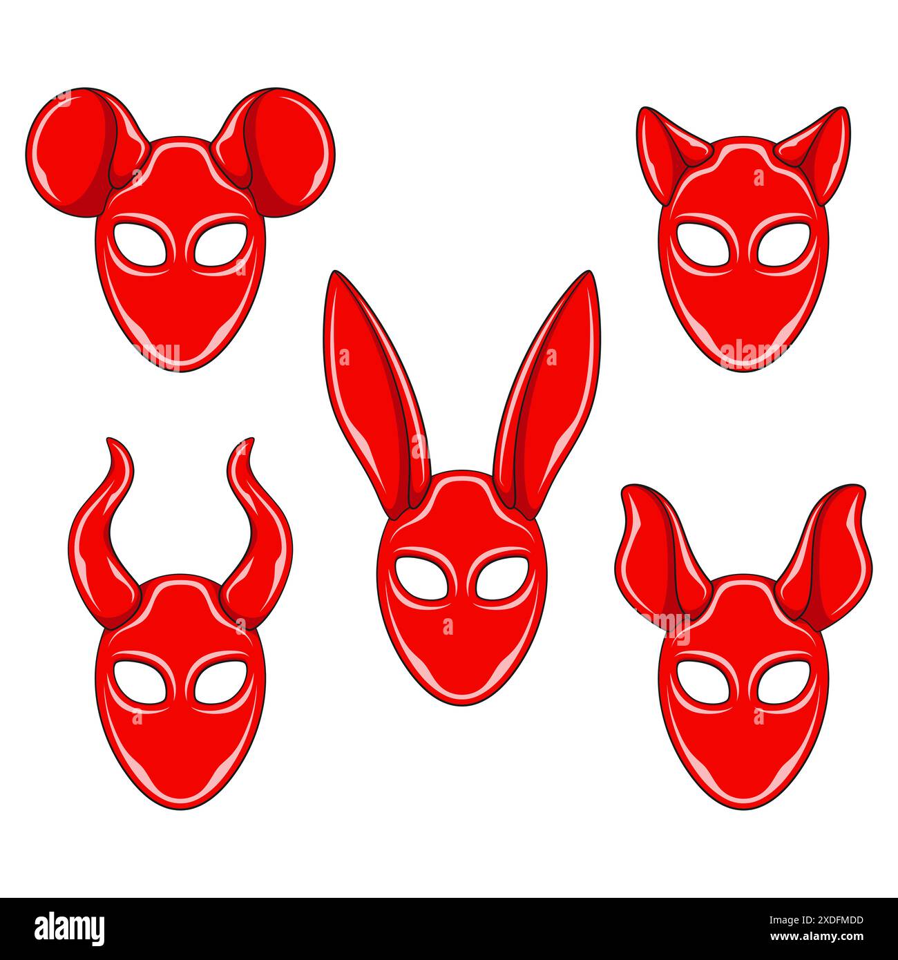 Ensemble d'illustrations en couleur avec des masques rouges lapin, chat, souris, cornes oreilles. Objets vectoriels isolés sur fond blanc. Illustration de Vecteur