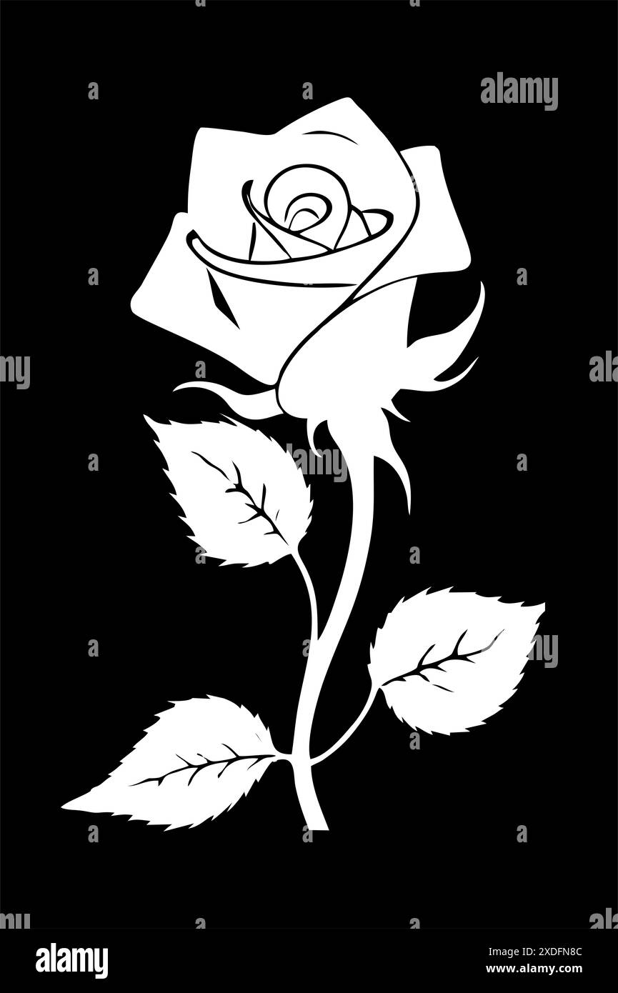 dessin graphique blanc d'une fleur de rose avec des feuilles sur un fond noir, logo Banque D'Images