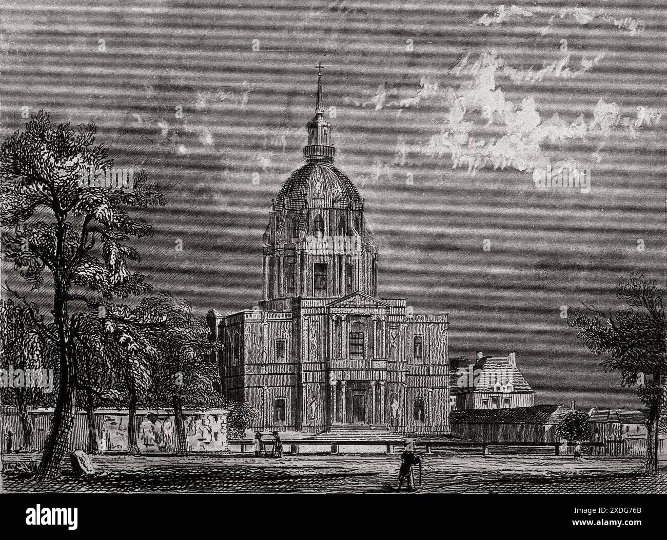 Cette gravure présente l'emblématique Hôtel des Invalides à Paris, en France. L'image montre le grand bâtiment avec son dôme distinctif, entouré d'arbres et d'un mur de pierre. Un ciel nuageux pend au-dessus de vous, projetant une ombre subtile sur la scène. Les détails complexes de l'architecture sont visibles dans la gravure, créant un sentiment de profondeur et de signification historique. Banque D'Images