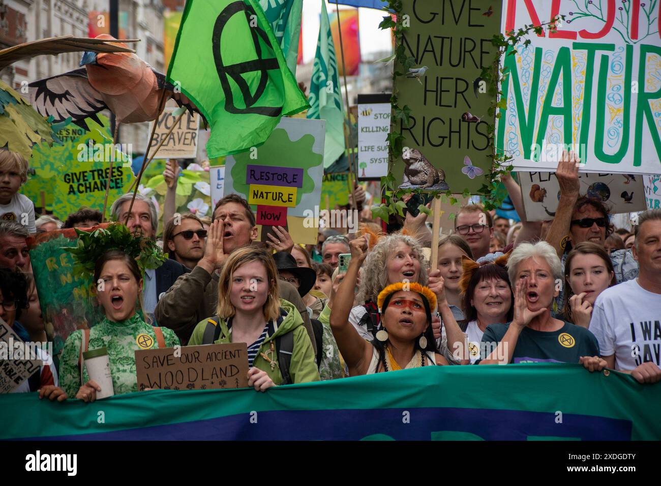 Londres, Royaume-Uni. 22 juin 2024. L'actrice britannique Emma Thompson (à droite) et les manifestants tiennent des pancartes, des drapeaux et crient des slogans pendant la marche à Londres. Restore nature Now était le plus grand rassemblement du Royaume-Uni pour la nature et le climat. Plus de 300 organisations ont envahi les rues de Londres. Les manifestants ont exigé des actions urgentes pour restaurer la nature et lutter contre le changement climatique. Crédit : SOPA images Limited/Alamy Live News Banque D'Images