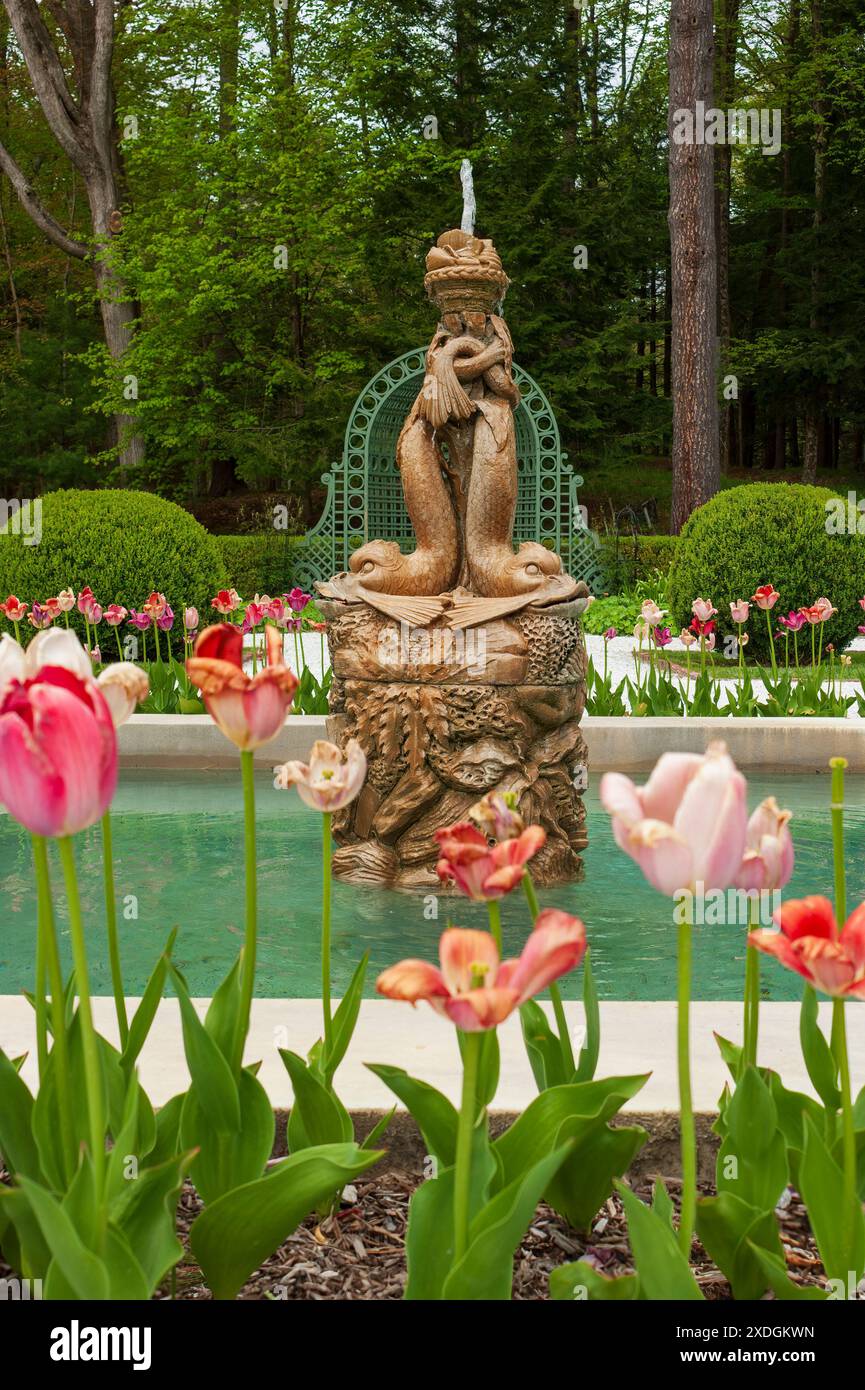 The French Flower Garden at the Mount, maison de campagne d'Edith Wharton à Lenox, ma, avec une fontaine en pierre entourée de fleurs vibrantes. Banque D'Images