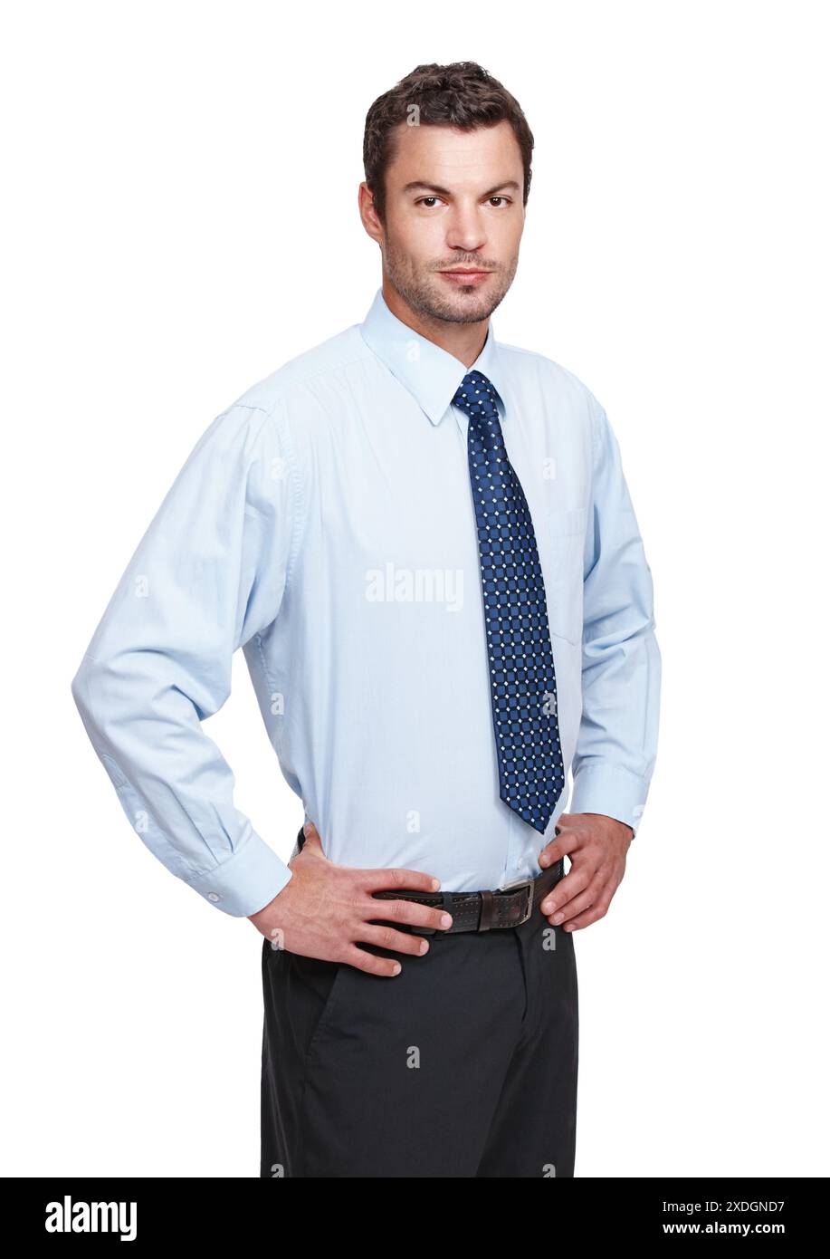 Affaires, homme et studio ou portrait confiant, employé de bureau et employé sur fond blanc pour la société d'entreprise. Professionnel, carrière et main dessus Banque D'Images