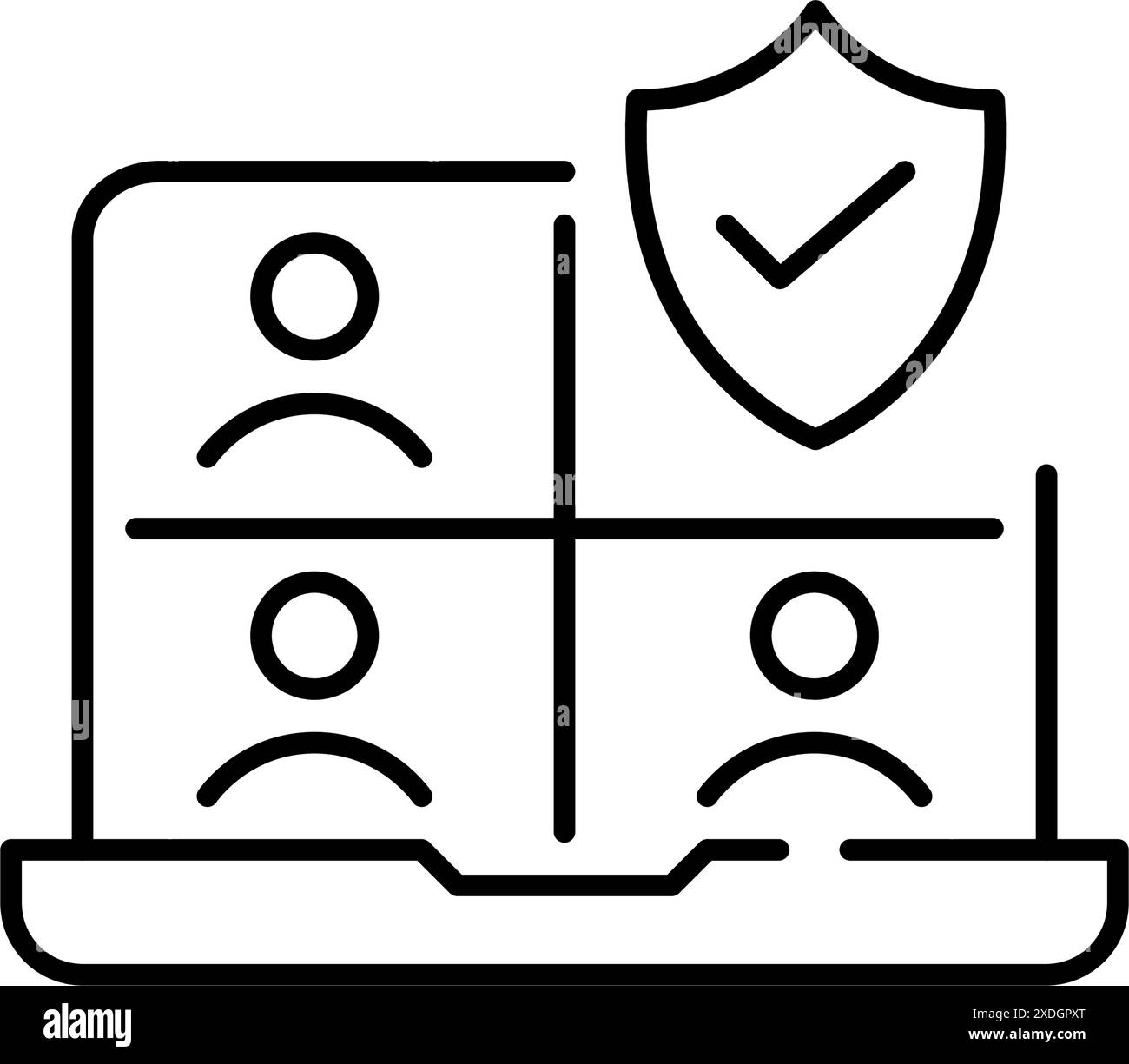 Réunions en ligne et appels vidéo sécurisés et fiables. Interface de conférence de groupe, bouclier et coche. Icône vectorielle Pixel Perfect Illustration de Vecteur