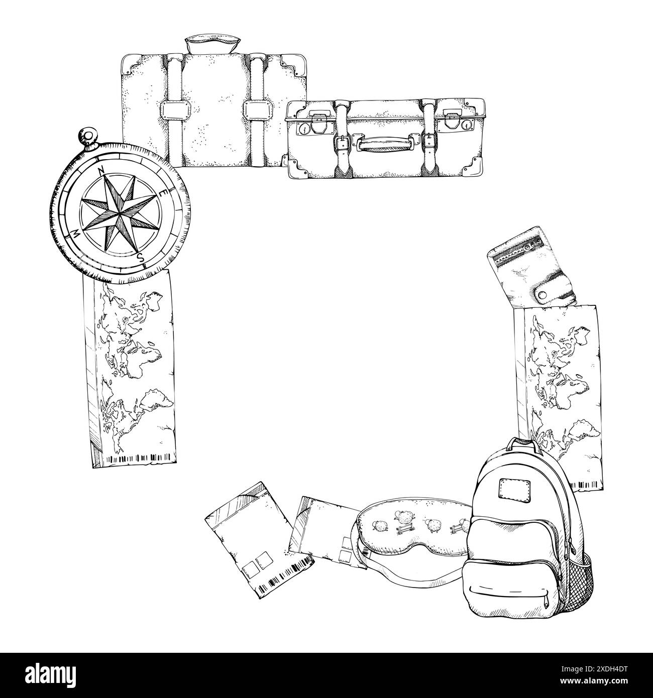Vieilles valises portefeuille en cuir de sac à dos vintage, passe-carte ticket, boussole, masque de couchage. Illustration dessinée à la main à l'encre vectorielle. Cadre carré. Conception pour Illustration de Vecteur