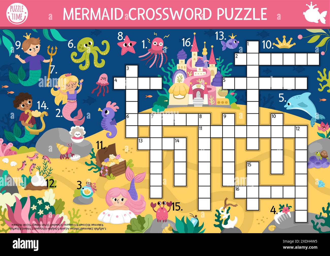 Puzzle de mots croisés de sirène vectorielle pour les enfants. Quiz marin avec paysage sous-marin pour les enfants. Activité éducative de Royaume de conte de fées océanique avec merman Illustration de Vecteur