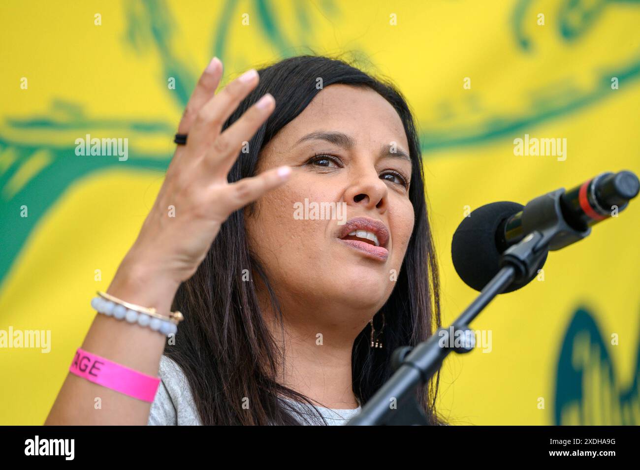 Liz Bonnin - présentatrice de télévision nature - parlant sur Parliament Square à la fin de la marche Restore nature Now dans le centre de Londres, le 22 juin 2024 Banque D'Images