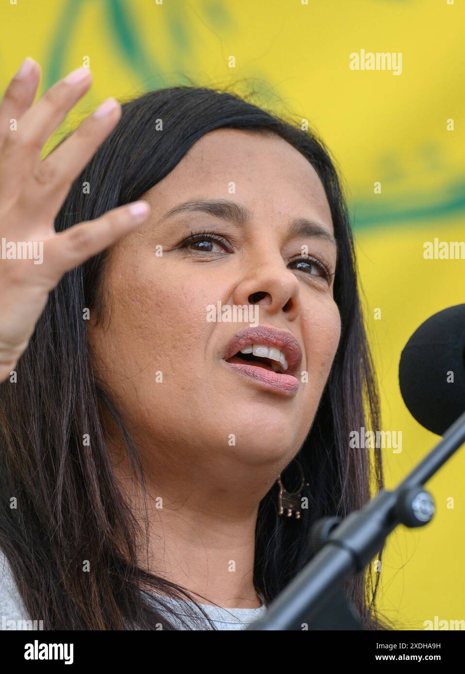 Liz Bonnin - présentatrice de télévision nature - parlant sur Parliament Square à la fin de la marche Restore nature Now dans le centre de Londres, le 22 juin 2024 Banque D'Images