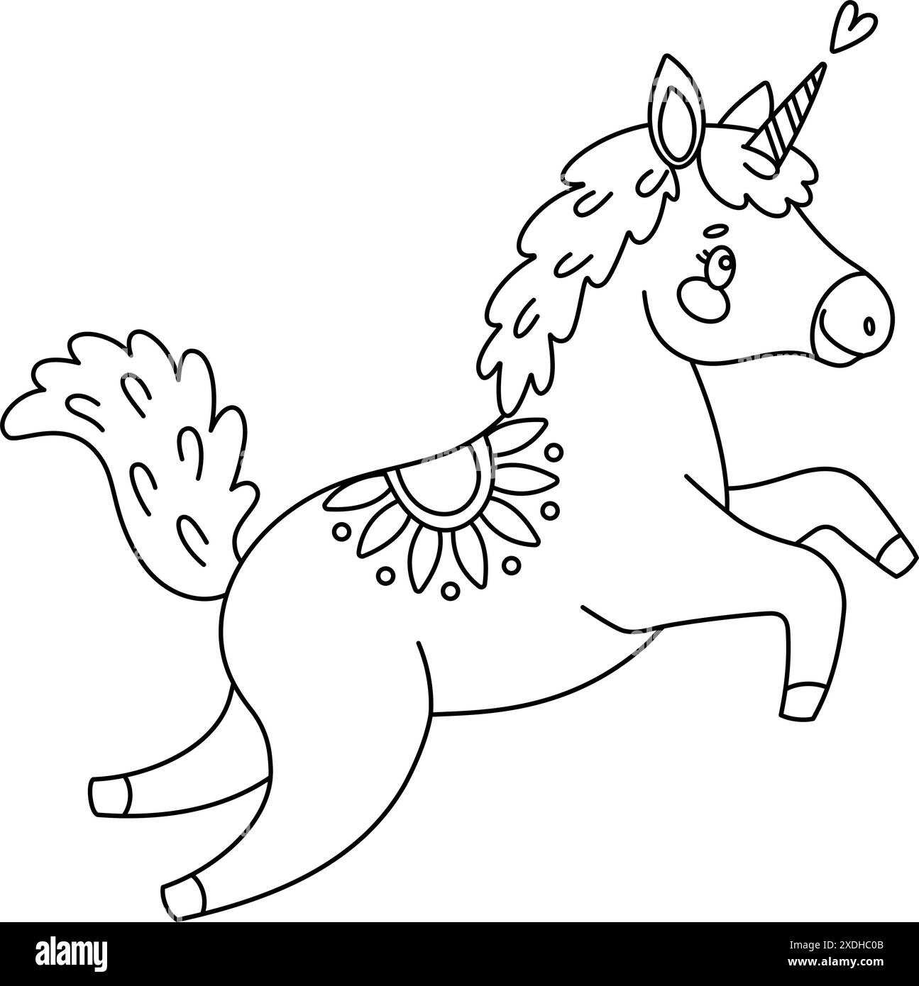Jolie page à colorier magique licorne. Romantique poney magique dessiné à la main doodle, art au trait isolé pour carte de voeux, affiche, livre de coloriage imprimé pour les enfants et les adultes. Illustration vectorielle Illustration de Vecteur
