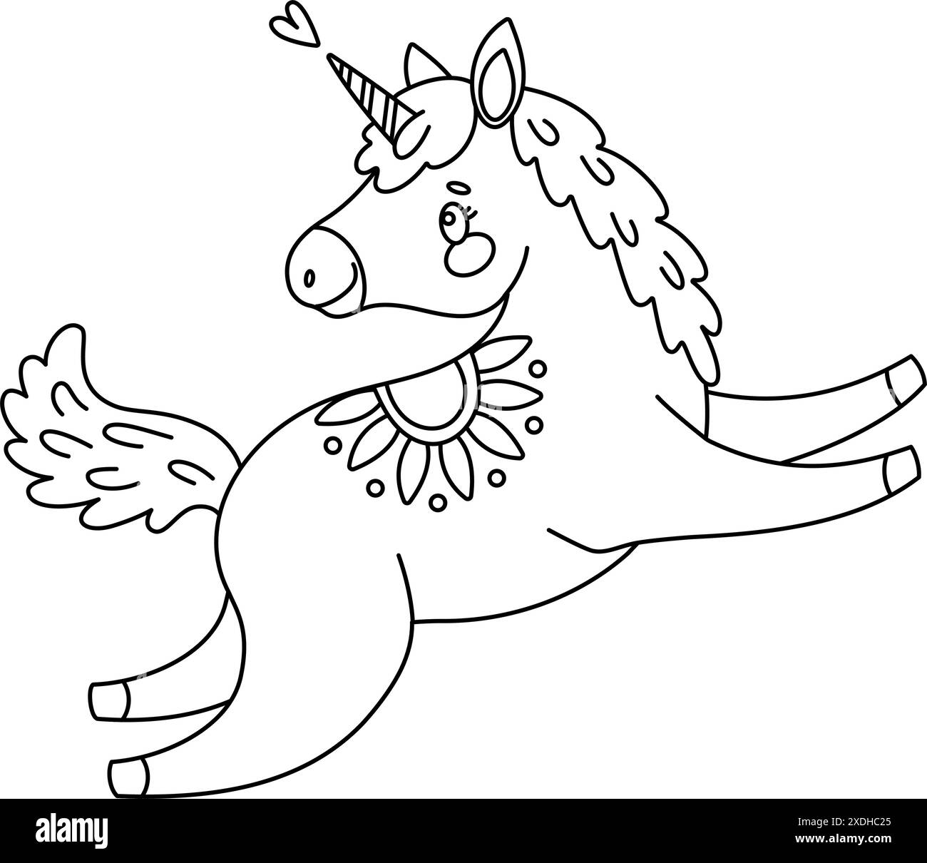 Jolie page à colorier magique licorne. Romantique poney magique dessiné à la main doodle, art au trait isolé pour carte de voeux, affiche, livre de coloriage imprimé pour les enfants et les adultes. Illustration vectorielle Illustration de Vecteur