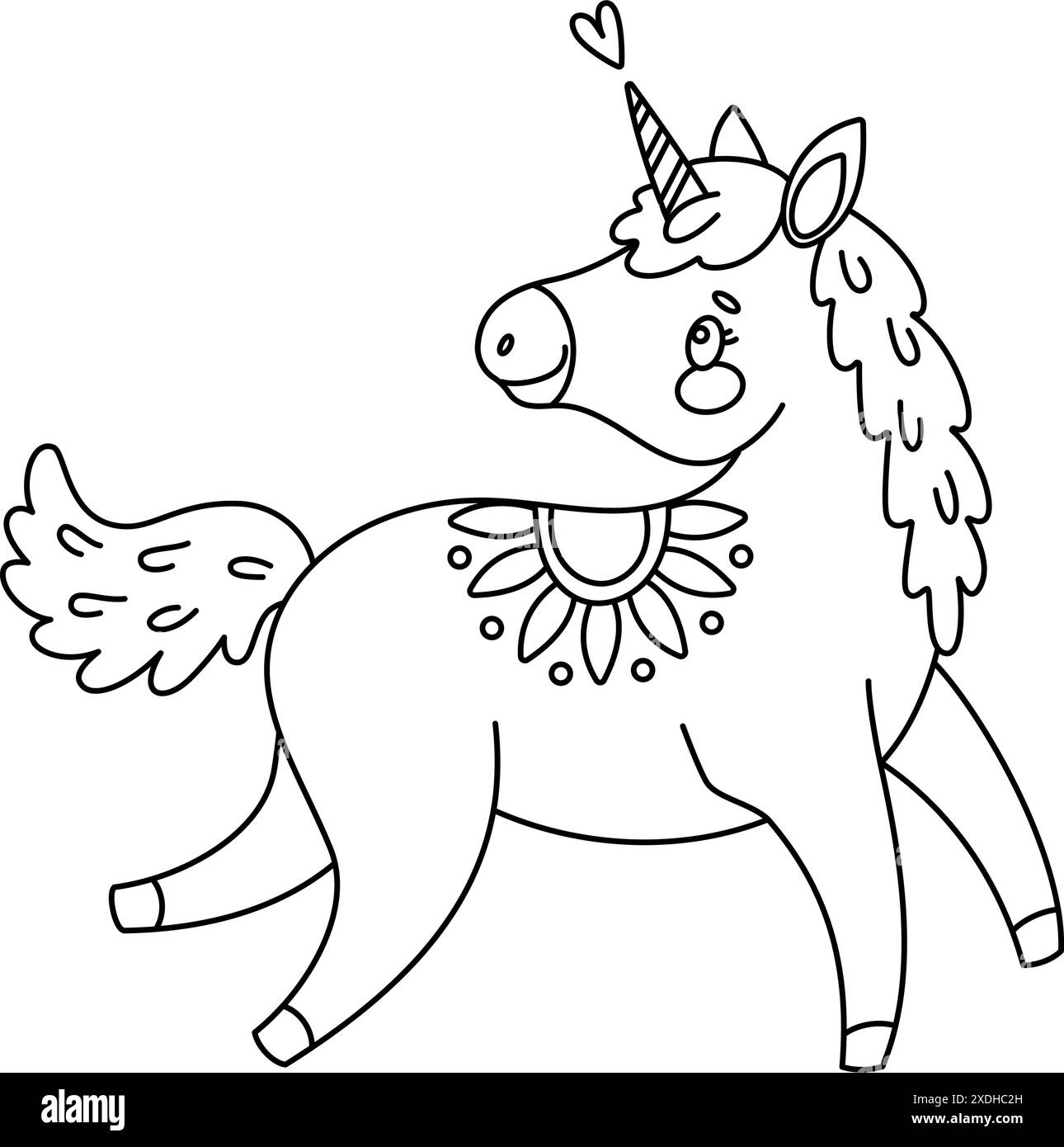 Jolie page à colorier magique licorne. Romantique poney magique dessiné à la main doodle, art au trait isolé pour carte de voeux, affiche, livre de coloriage imprimé pour les enfants et les adultes. Illustration vectorielle Illustration de Vecteur