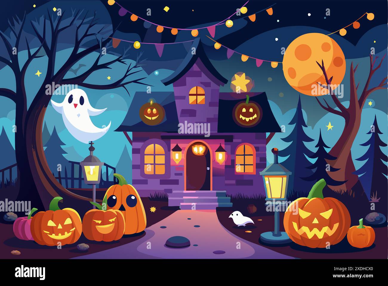 Maison hantée avec citrouilles brillantes et fantômes le soir d'Halloween. Concept d'illustration effrayante, célébration de vacances, style de bande dessinée, festivit d'automne Illustration de Vecteur