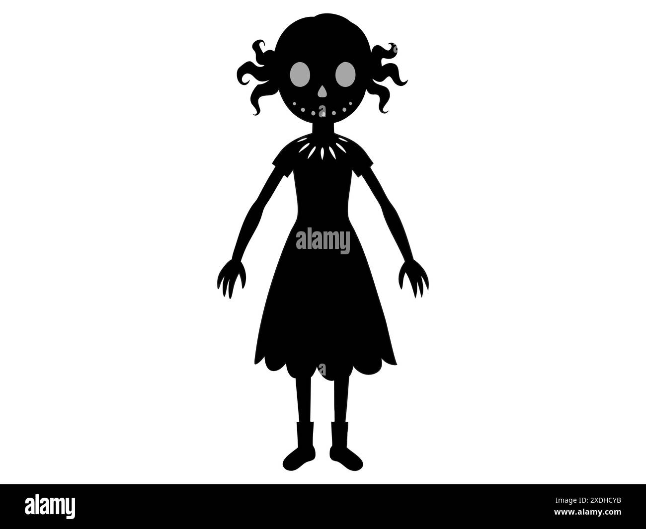 Silhouette noire d'une poupée hantée effrayante en robe lamentée. Concept de caractère effrayant, décoration d'Halloween, jouet effrayant et illustration minimaliste Illustration de Vecteur