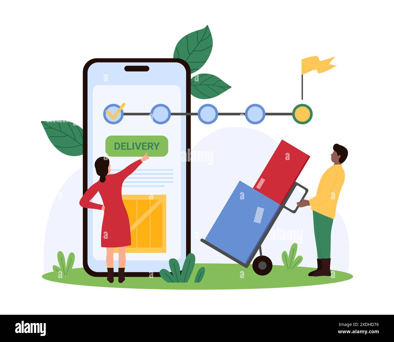 Étapes de commande de livraison, chronologie en ligne pour les clients dans l'application mobile. De minuscules personnes livrent des boîtes de colis, vérifiez les informations de l'état de livraison sur le tableau infographique sur l'illustration vectorielle de dessin animé d'écran de smartphone Illustration de Vecteur