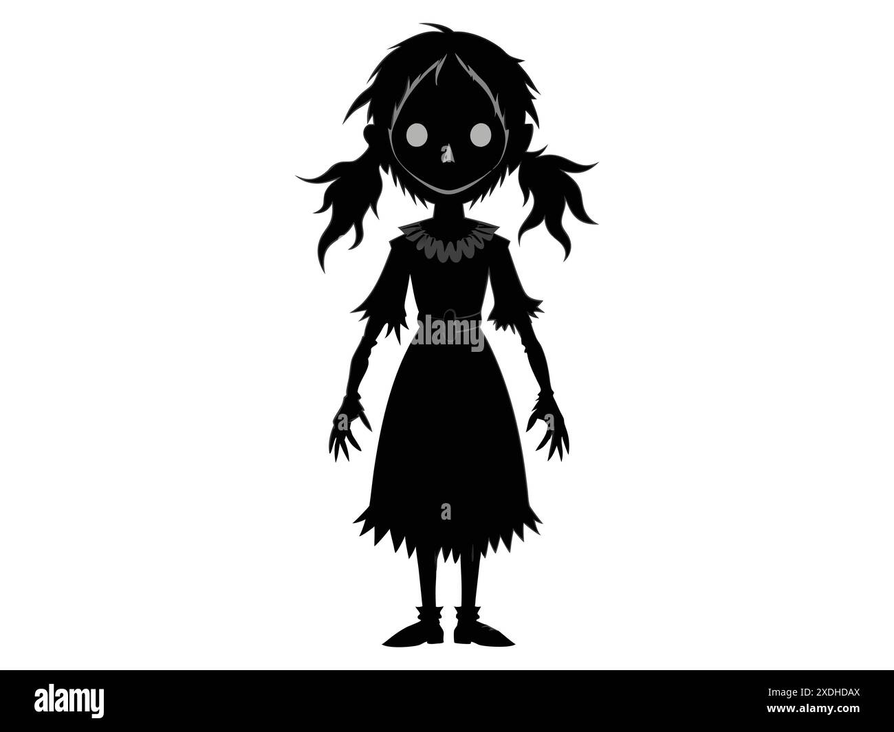 Silhouette noire d'une poupée hantée effrayante en robe lamentée. Concept de caractère effrayant, décoration d'Halloween, jouet effrayant et illustration minimaliste Illustration de Vecteur