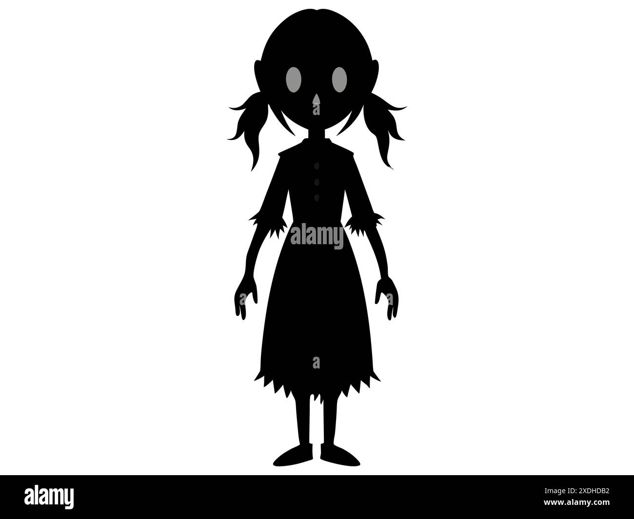 Silhouette noire d'une poupée hantée effrayante en robe lamentée. Concept de caractère effrayant, décoration d'Halloween, jouet effrayant et illustration minimaliste Illustration de Vecteur