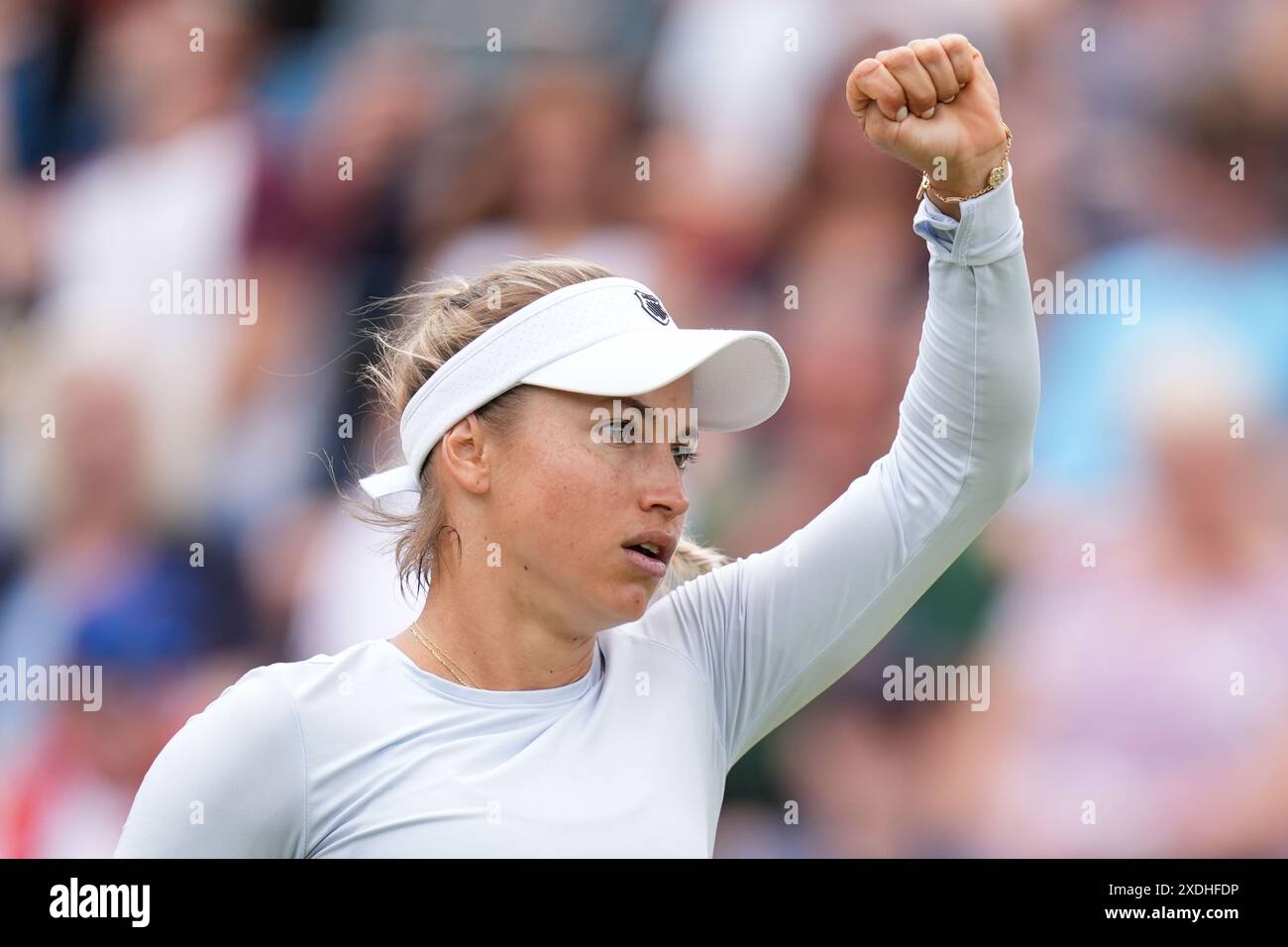 Yulia Putintseva réagit après avoir gagné un point contre Ajla Tomljanovic lors de la finale féminine en simple au neuvième jour du Rothesay Classic à Edgbaston Priory Club, Birmingham. Date de la photo : dimanche 23 juin 2024. Banque D'Images