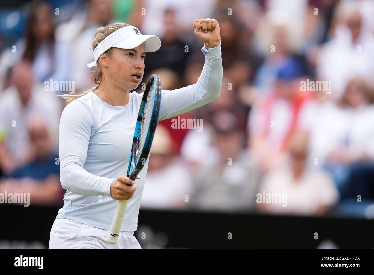 Yulia Putintseva réagit après avoir gagné un point contre Ajla Tomljanovic lors de la finale féminine en simple au neuvième jour du Rothesay Classic à Edgbaston Priory Club, Birmingham. Date de la photo : dimanche 23 juin 2024. Banque D'Images