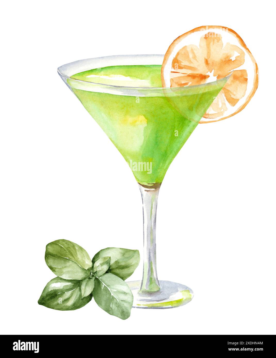 Cocktail vert aquarelle dans un gobelet en verre. Illustration d'alcool avec une tranche de citron et basilic isolé sur fond blanc. Bar design et moi Banque D'Images