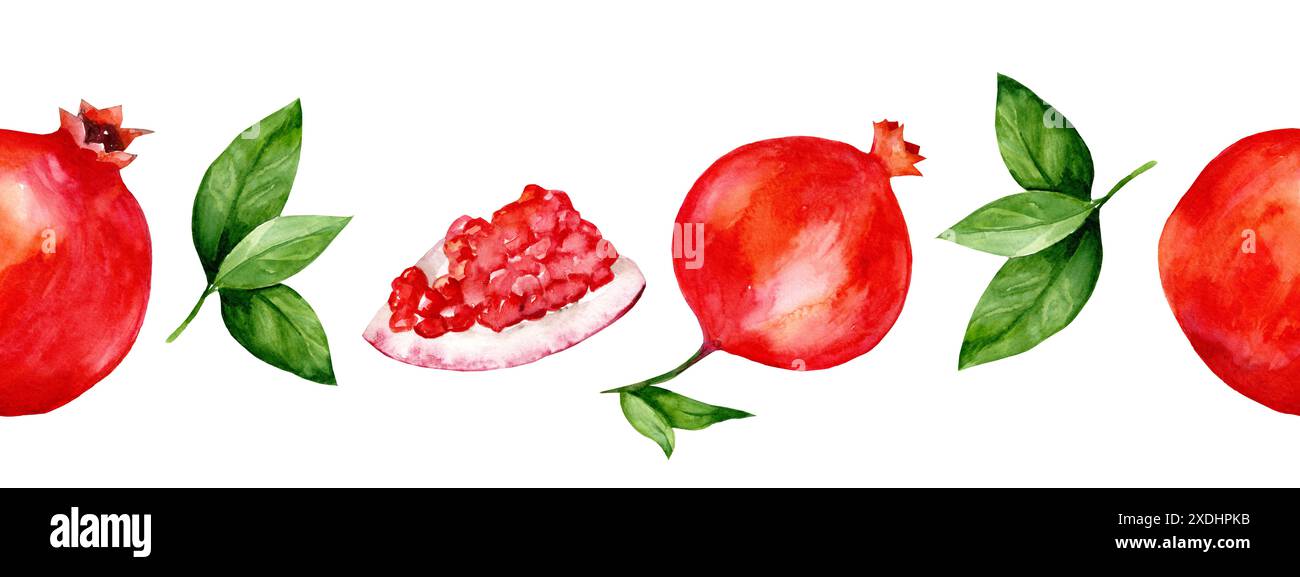 Bordure d'aquarelle avec grenades et feuilles. Illustration horizontale sans couture avec des fruits mûrs. Dessin fait à la main pour le menu et la conception Banque D'Images