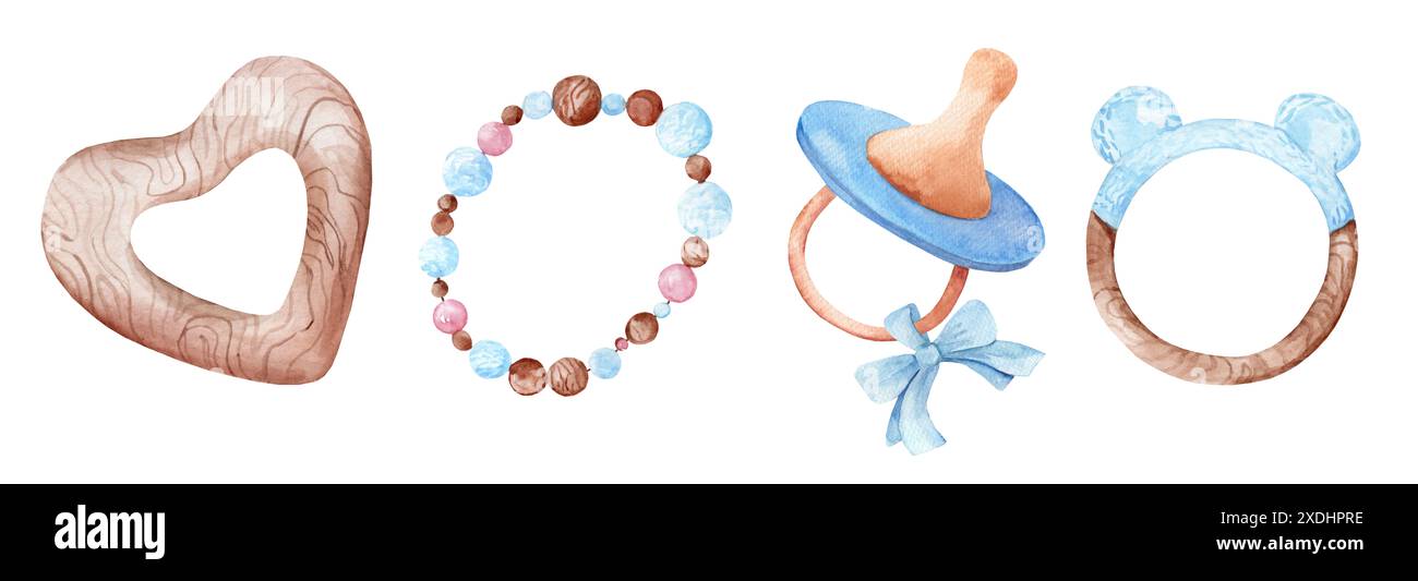 Collection d'aquarelle de jouets en bois pour les nouveau-nés. Sucettes et mâcheurs de bébé isolés sur fond blanc Banque D'Images