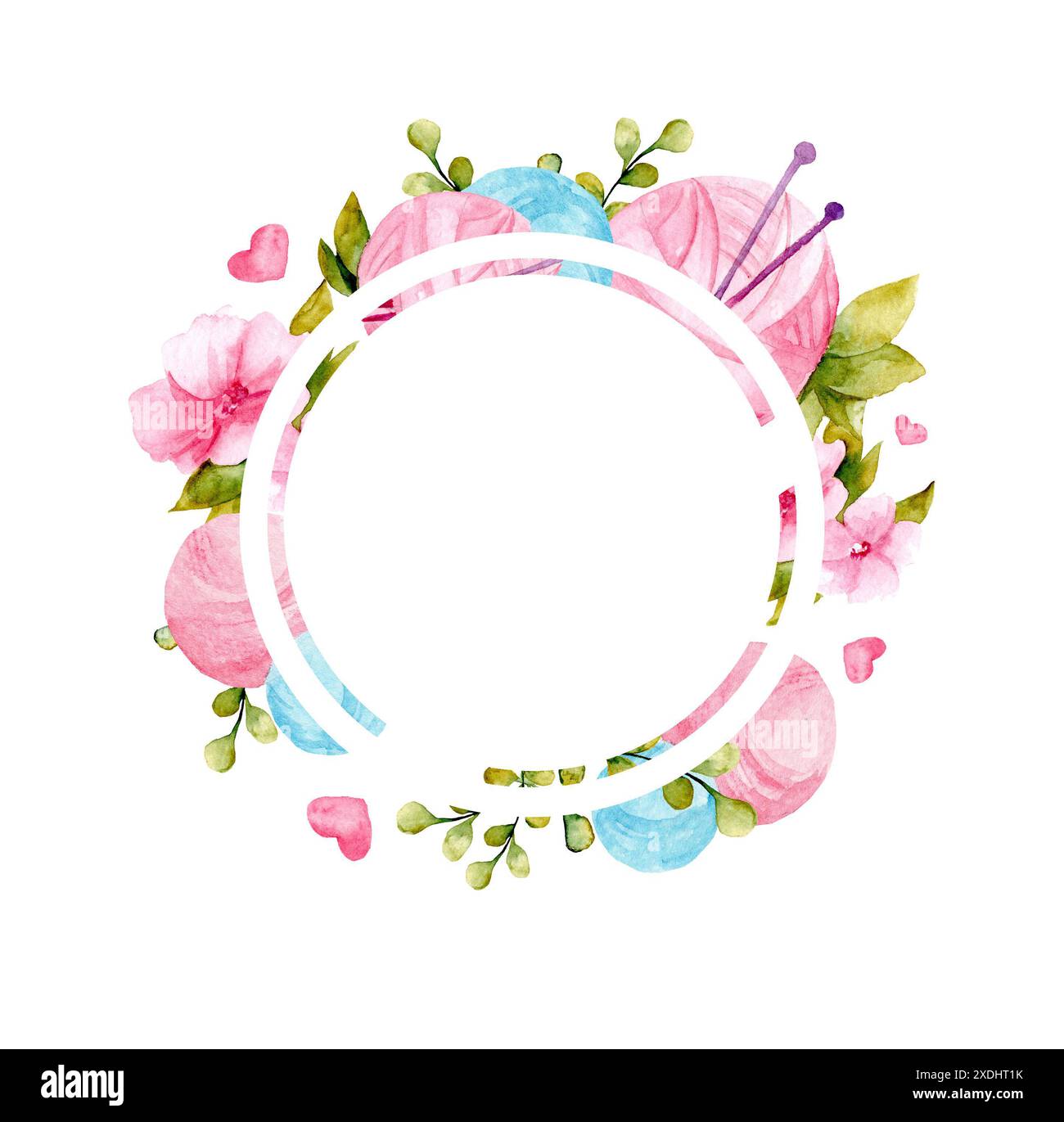 Cadre rond pour la décoration. Espace libre pour le texte. Boules de fil, aiguilles à tricoter, étiquette à la main, fleurs et feuilles, produit. Banque D'Images