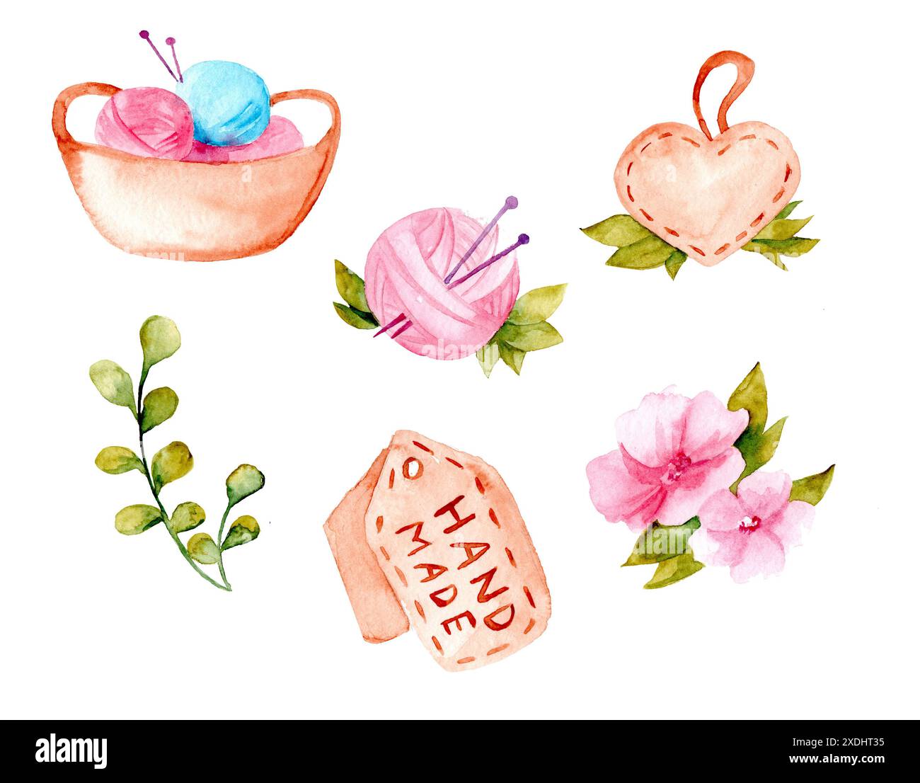 Kit de tricotage à la main. Boules de fil, aiguilles à tricoter, étiquette à la main, fleurs et feuilles, produit. Aquarelle illustration dessinée à la main isolé sur blanc Banque D'Images