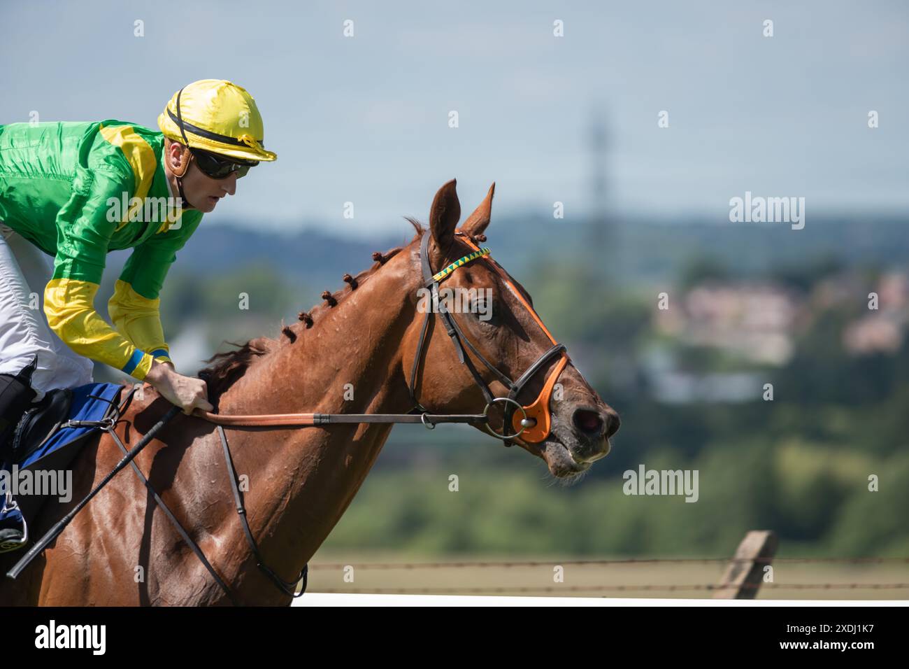 Pontefract, Royaume-Uni. Dimanche 23 juin 2024. Le Trooper Bisdee et Jack Gilligan remportent le Moor Top Farm Shop Hemsworth Pontefract Cup handicap Stakes, Pontefract, Royaume-Uni pour l'entraîneur Sir Mark Prescott BT et les propriétaires Mr & Mrs John Kelsey-Fry. Crédit JTW Equine images / Alamy Live News Banque D'Images