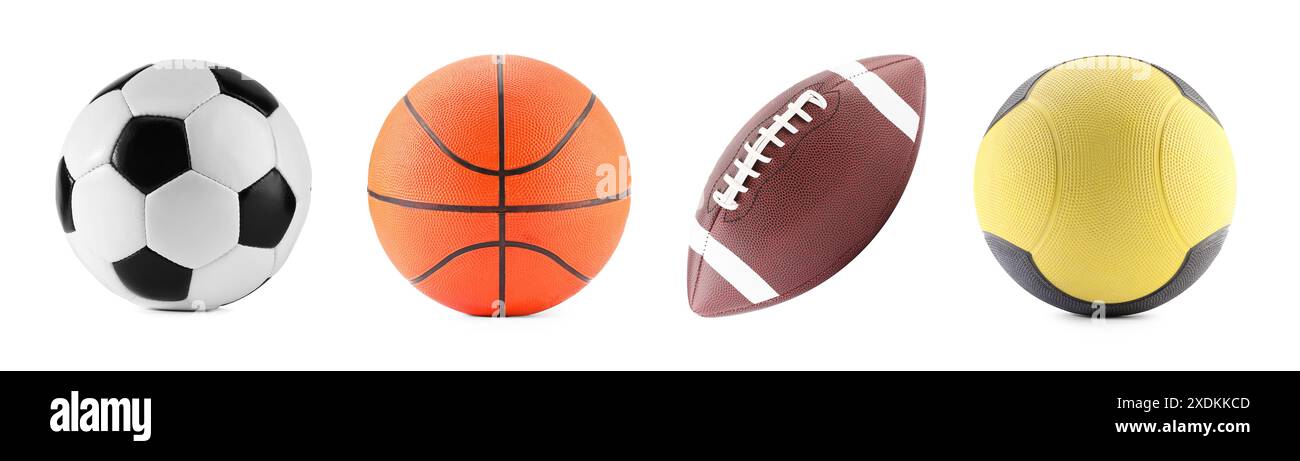 Différentes boules isolées sur blanc, set. Équipement de sport Banque D'Images